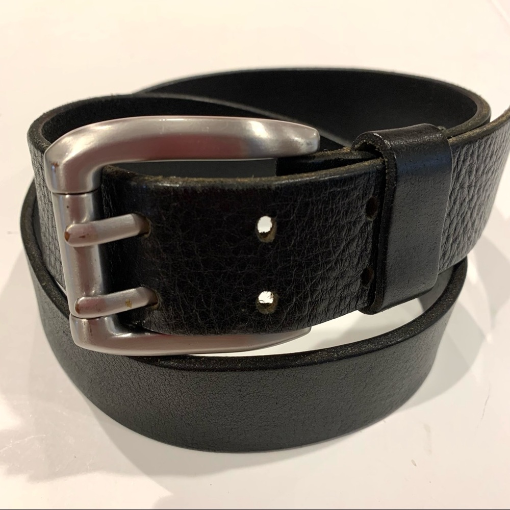 Express Black Leather Belt with‎ Brushed Silver Buckle